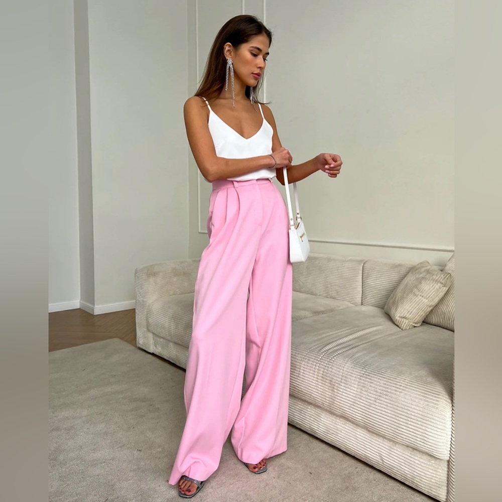 NEW Elegant Pink High Waist Wide Leg Pants, Summer Fall 2023 Womens Pants